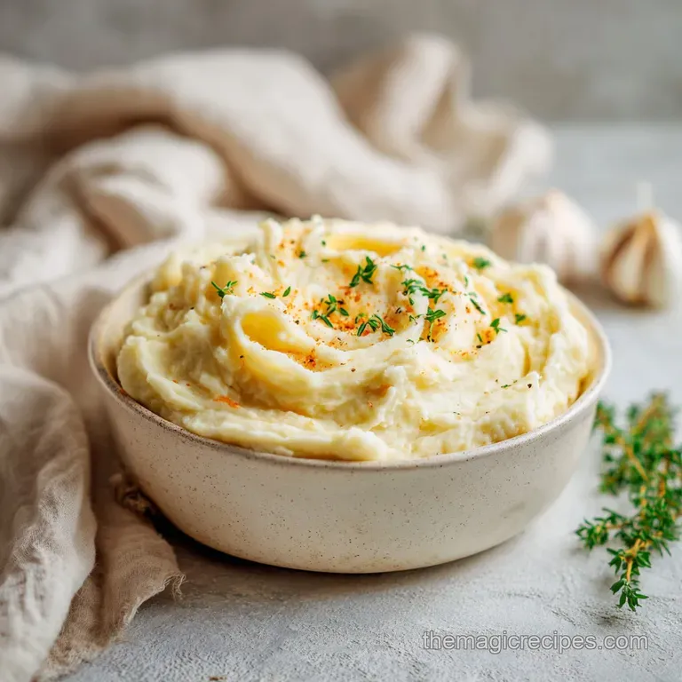 Creamy, pale yellow mashed potatoes piped high, glistening with butter, and sprinkled with parsley, ready to be served.