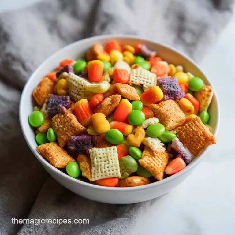 A festive Halloween snack mix artfully arranged in a black cauldron, with popcorn, pretzels, and candy corn spilling out.
