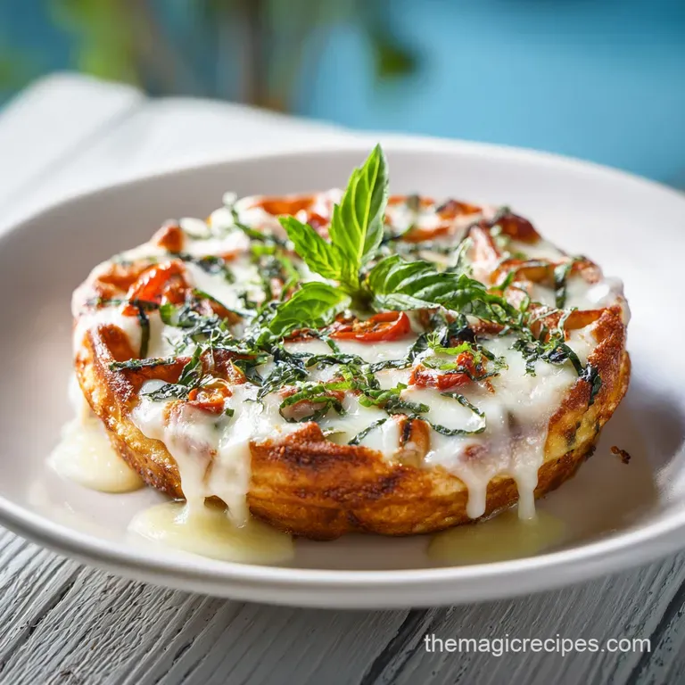 Crispy, golden chaffle pizza slices arranged artfully on a dark plate, garnished with herbs.