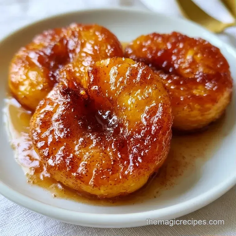 Two halved golden peaches drizzled with amber syrup on a white plate, garnished with a sprig of fresh mint.