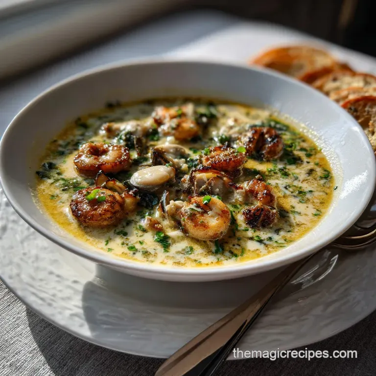 Silky oyster stew, garnished with parsley, in a shallow white bowl. A scattering of black pepper adds a touch of visual co...