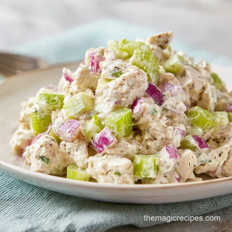 A scoop of creamy chicken salad served over crisp mixed greens with sliced cucumber and a bright lemon wedge