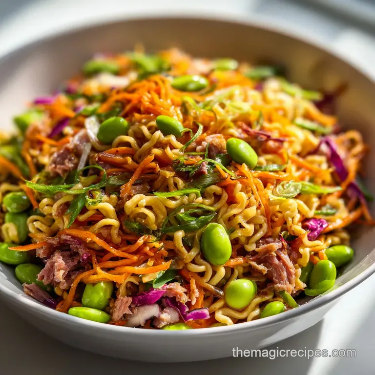 Ramen salad artfully arranged on a plate, showcasing bright greens and oranges against the dark noodles and speckled sesam...