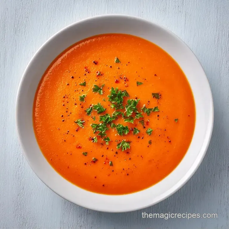 Minimalist white bowls of smooth orange soup garnished with microgreens and oil droplets on a rustic wooden table.