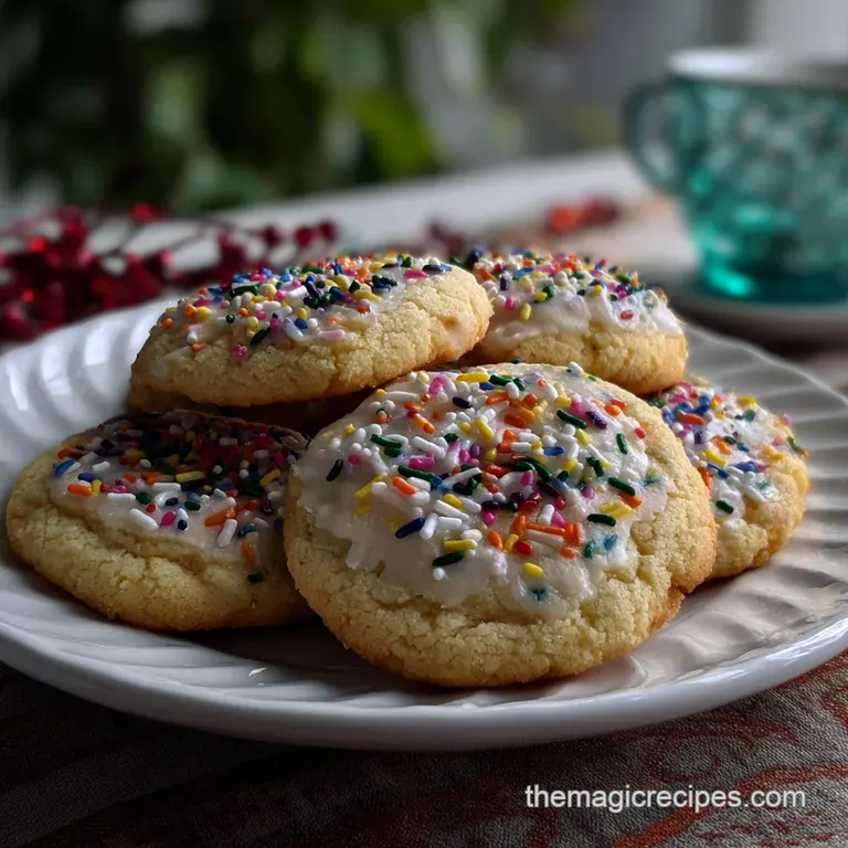 Warm, golden-brown slice and bake cookie on a delicate white plate, colorful sprinkles catching the light, inviting and de...