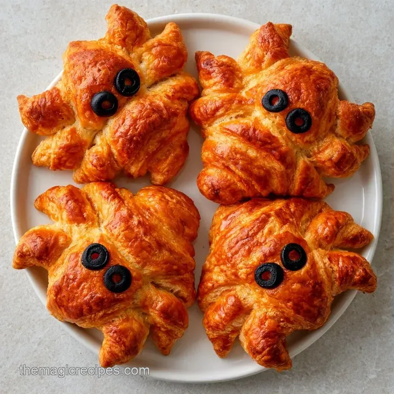 Golden-brown sliced sausages shaped like spiders arranged on a white ceramic plate with bright red ketchup swirls.