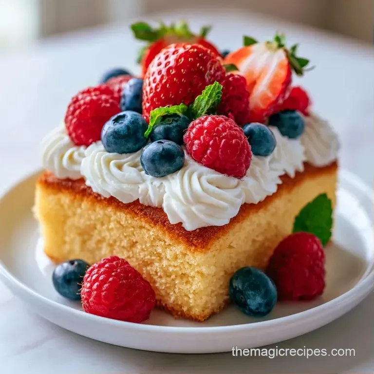 A moist slice of sponge cake on a white ceramic plate, topped with a swirl of cream and a tiny mint leaf.