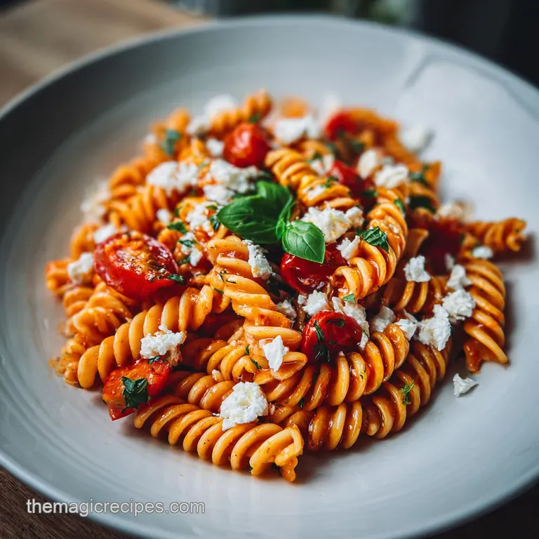 A twirl of tomato pasta topped with a generous quenelle of goat cheese, garnished with basil sprigs on a white plate.