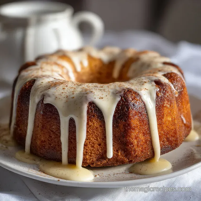 Tall, elegant slice of eggnog pound cake drizzled with creamy glaze, garnished with a cinnamon stick for a festive touch. ...