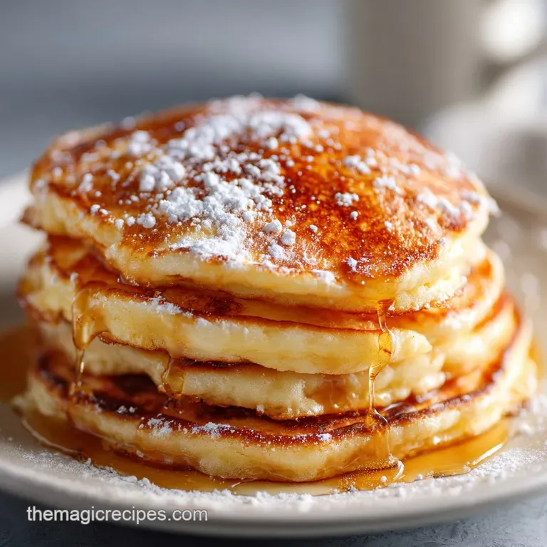 Three fluffy pancakes artfully arranged, topped with vibrant blueberries and a dusting of powdered sugar.
