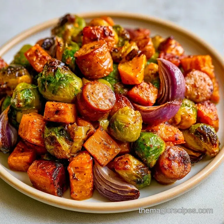 Vibrant orange carrots and charred Brussels sprouts neatly plated with sliced sausage and a sprinkle of fresh herbs.
