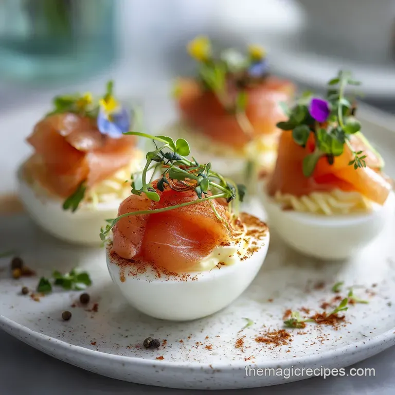 Elegant deviled egg appetizer. Creamy yellow filling swirls beneath ribbons of rich salmon, enhanced by the vivid green of...