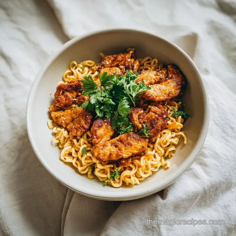 A ceramic bowl of pale gold noodles topped with seared chicken, a halved jammy egg, and a sprinkle of green onions.