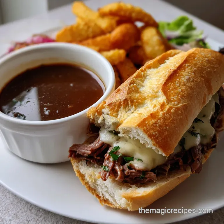 French Dip Sandwich: Classic Roast Beef with Au Jus presentation