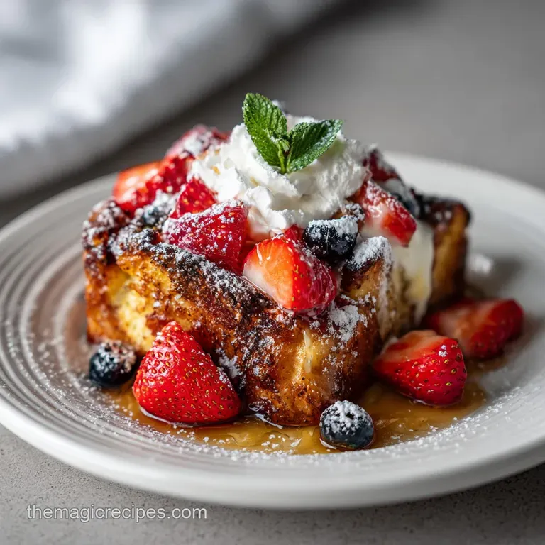 A slice of French toast casserole sits on a white plate, topped with fresh raspberries and a drizzle of maple syrup. Steamy.