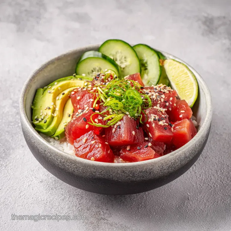 A perfectly portioned poke bowl showcasing glistening tuna, bright greens, and a drizzle of sauce.