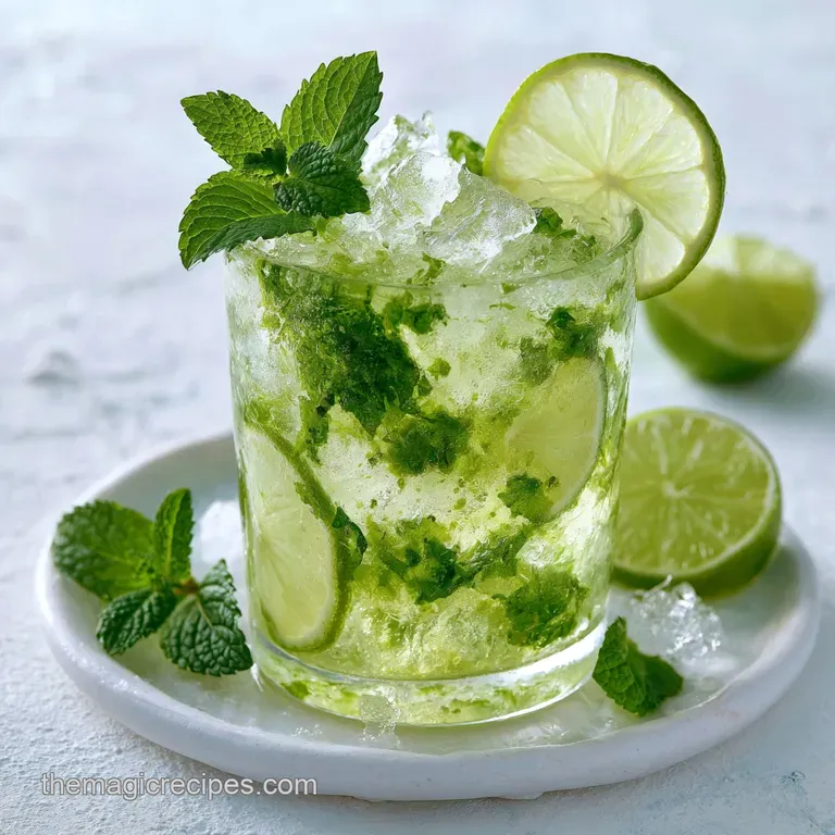 A tall frosted glass filled with sparkling liquid, fresh mint, and lime slices on a sunny, light wooden tabletop.