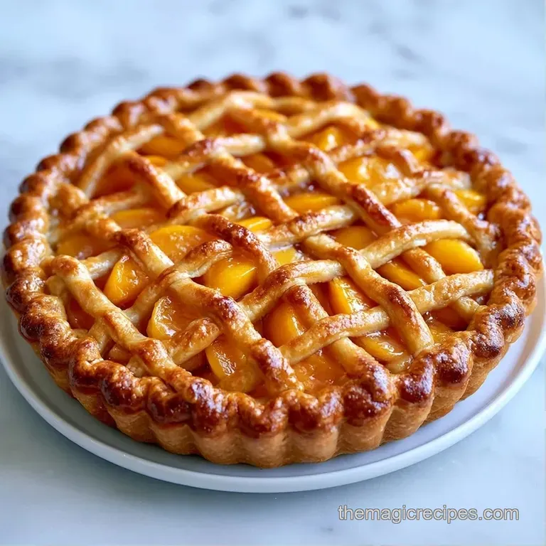 A warm slice of fruit pie on a white ceramic plate with a melting scoop of vanilla ice cream and a fresh mint leaf.