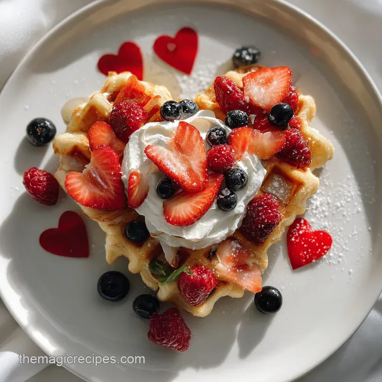 Delicate waffles piled high, topped with glistening berries and a dusting of confectioner's sugar, ready for brunch.