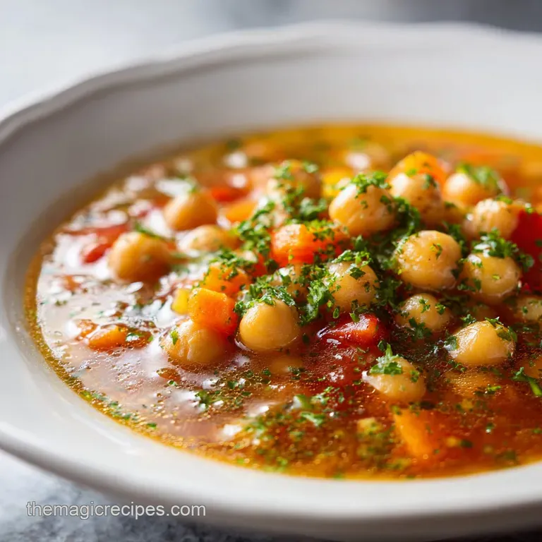 A rustic bowl of thick, golden stew topped with a drizzle of olive oil and fresh parsley.
