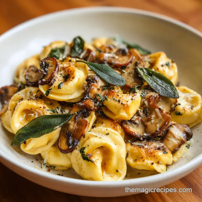 Plated tortellini with golden garlic butter mushrooms, sprinkled parsley, and a dusting of parmesan, hinting warmth and ri...
