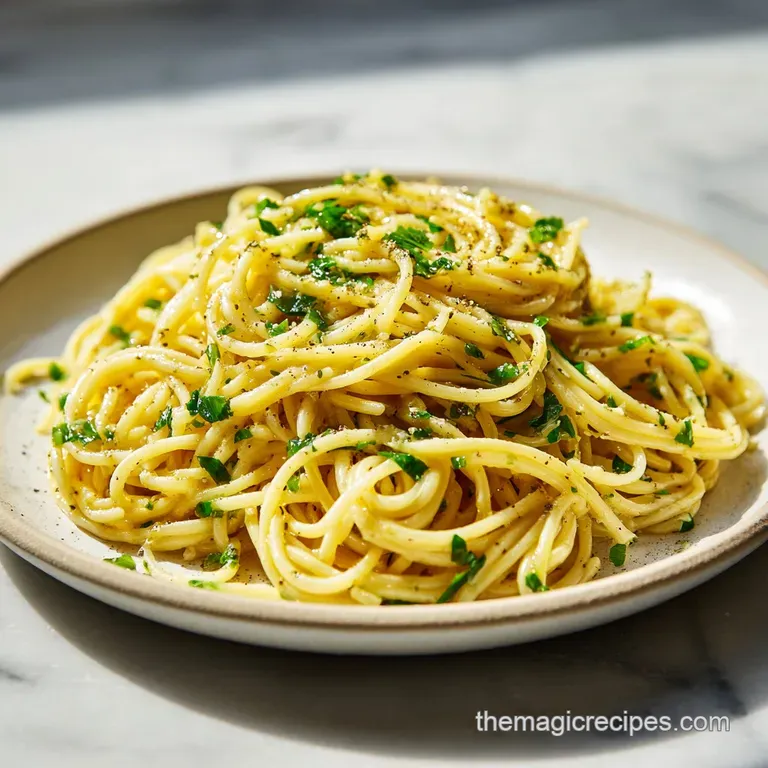 A twirl of buttery noodles on a white plate, sprinkled with vibrant parsley and flakes of parmesan cheese.