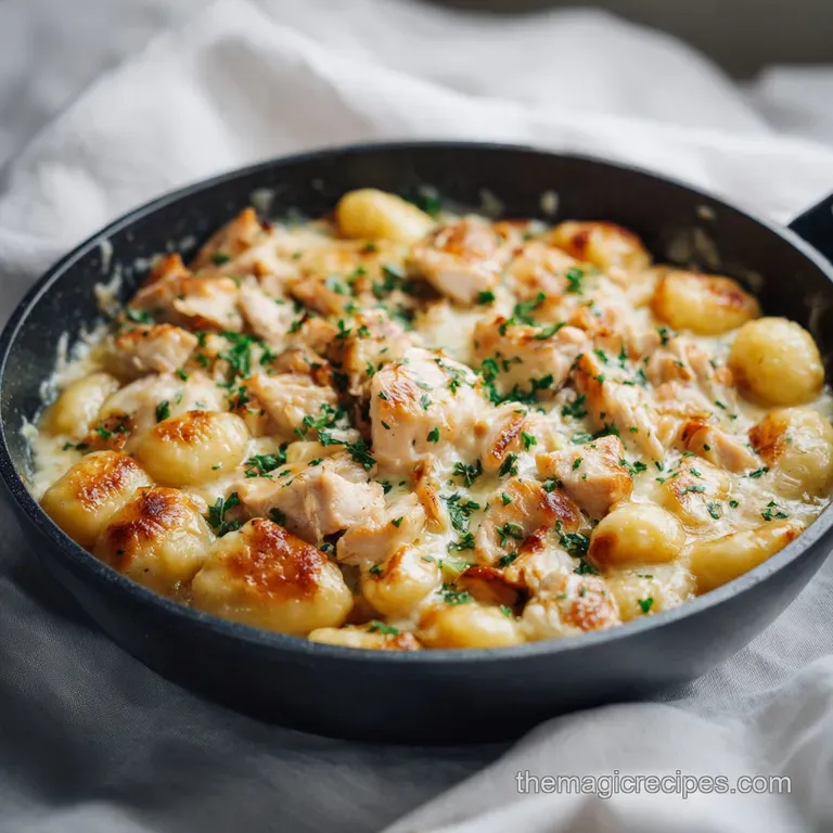 Creamy garlic chicken gnocchi served in a white bowl, garnished with fresh parsley. Steaming, appealing, and ready to eat.