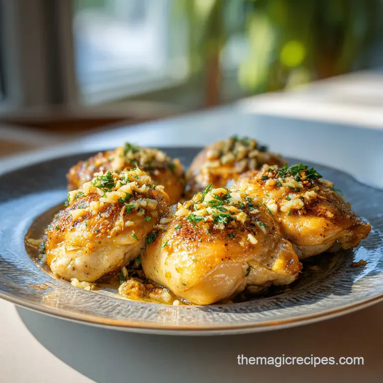 Elegant platter of moist, golden chicken breast garnished with fresh thyme and cracked pepper on a white plate.