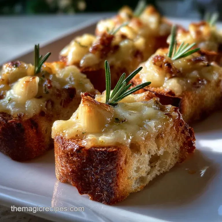 Elegant plate showcasing artfully arranged crostini, their crisp edges contrasting with the soft, green herbs and glossy g...