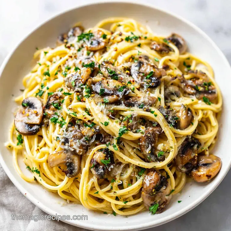 A swirl of garlic mushroom pasta beautifully plated, steam rising, topped with grated parmesan and a sprig of vibrant gree...