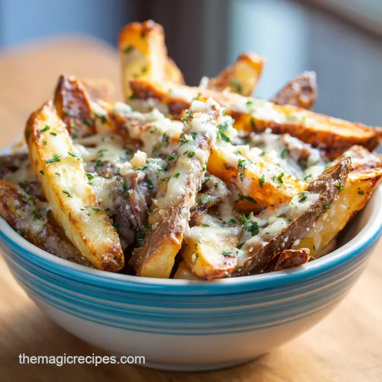 Perfectly baked steak fries artfully arranged in a cast iron skillet, glistening with melted butter.
