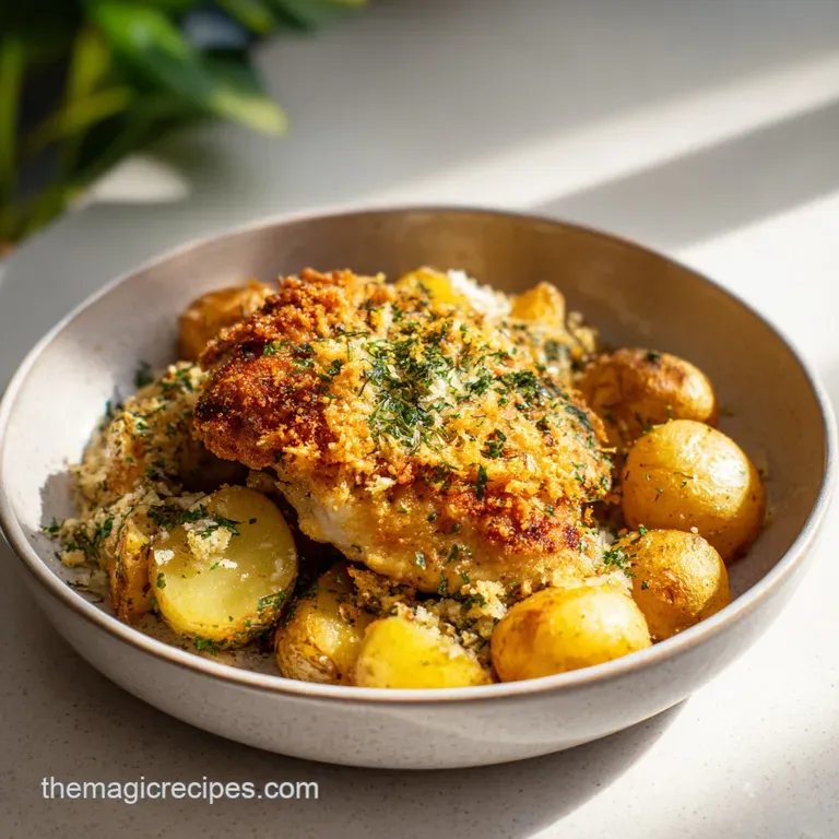 Perfectly plated, juicy chicken breast with crispy parmesan crust alongside fluffy roasted potatoes. Sprinkled fresh parsl...