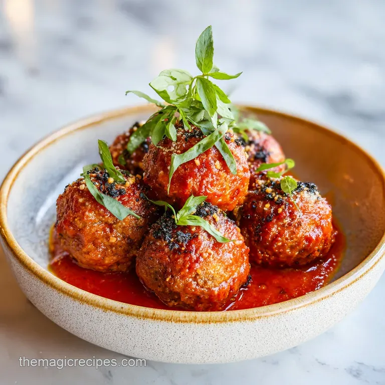 Plated meatballs in rich red sauce, topped with melted cheese and a sprinkle of parsley, ready to be enjoyed.