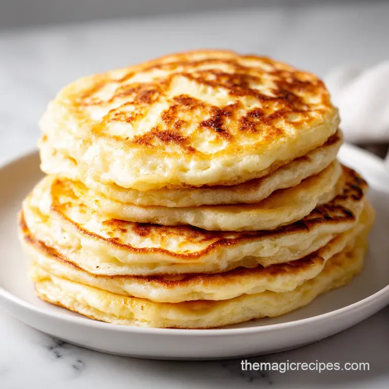 A stack of fluffy, golden pancakes artfully drizzled with maple syrup and topped with fresh berries.