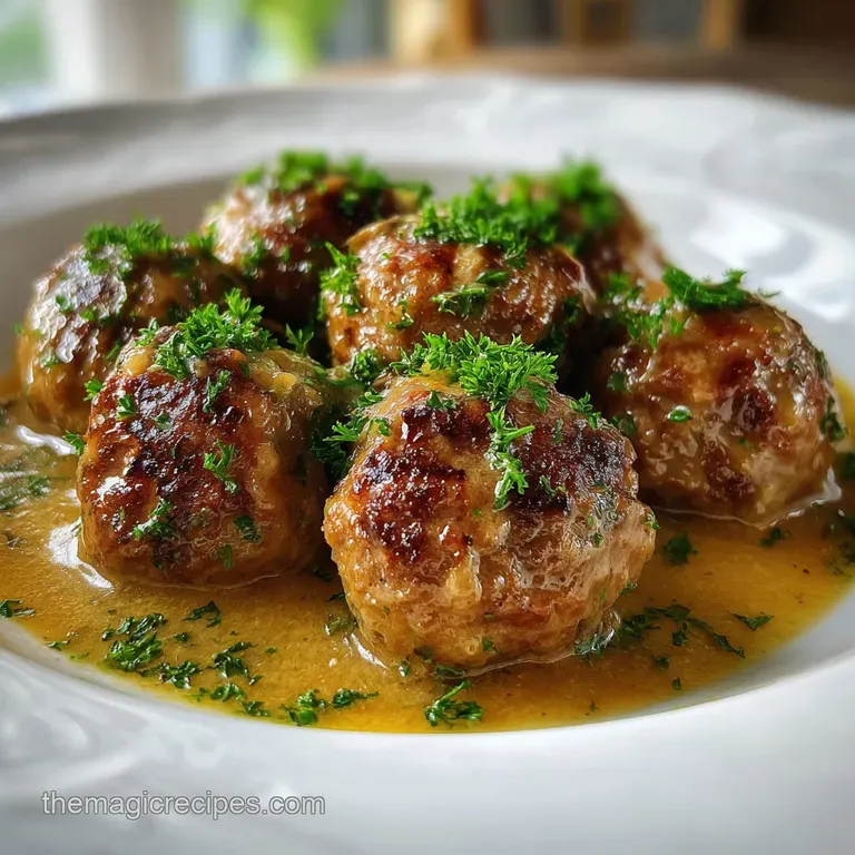 Glossy, golden meatballs nestled in a smooth, pale almond sauce, sprinkled with vibrant green parsley. Elegant Spanish com...