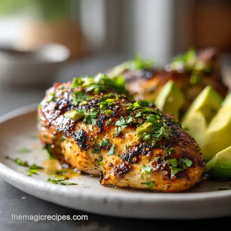 Perfectly plated grilled chicken and avocado salad, showcasing vibrant greens and a tangy, light dressing, ready to eat.
