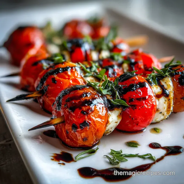 Neatly plated Caprese skewers with basil garnish, balsamic reduction, and a sprinkle of flaky sea salt on a ceramic plate.
