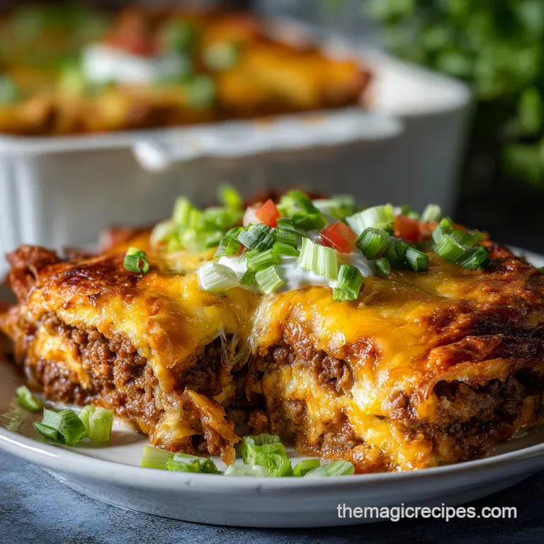 A slice of enchilada casserole plated showing layers of beef, cheese, and tortillas. Garnished with sour cream and fresh g...