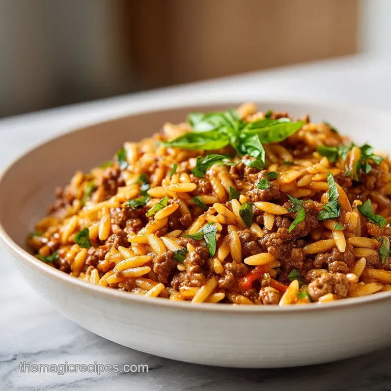 Ground beef orzo plated with a sprinkle of parsley, vibrant red pepper flakes, and a drizzle of olive oil. Steaming and ap...
