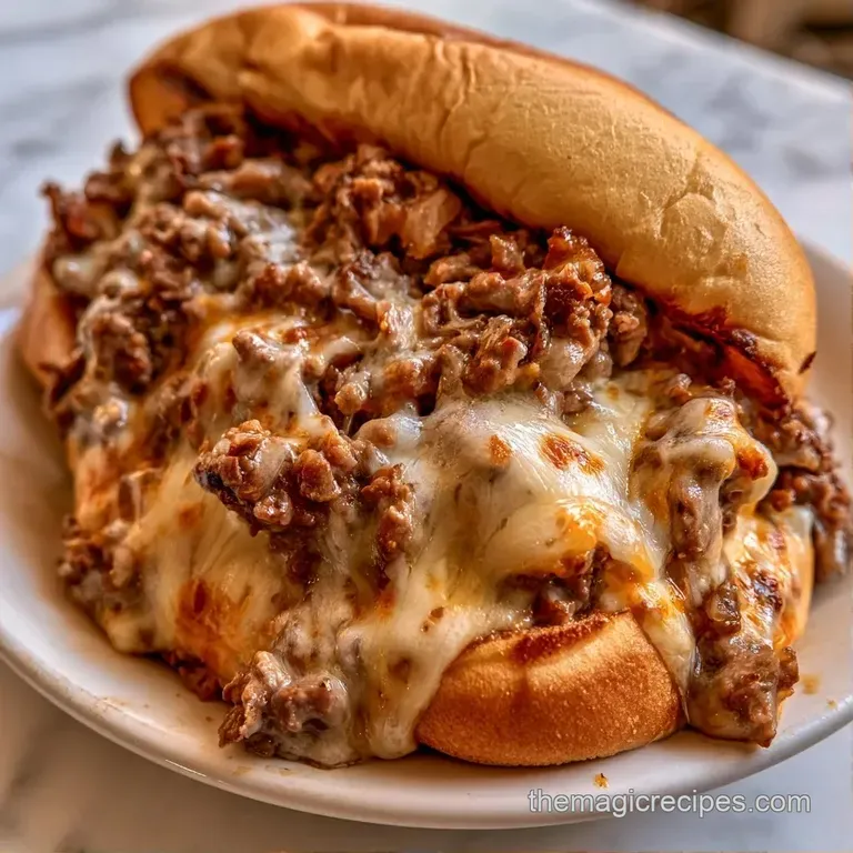 Toasted baguette sandwich overflowing with melted cheese and seared beef, served beside golden potato wedges.