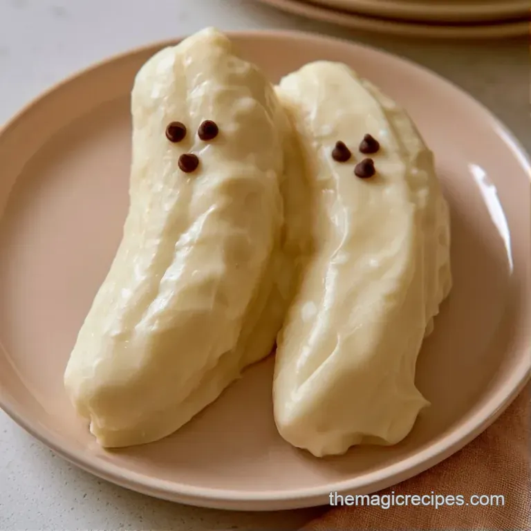 Pale yellow banana halves with chocolate chip facial features resting on a white plate surrounded by autumn leaves.