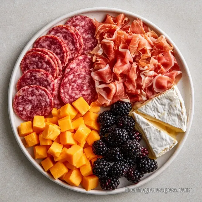 An elegant arrangement of orange cheeses, glossy blackberries, and curled salami on a rustic dark wood platter.