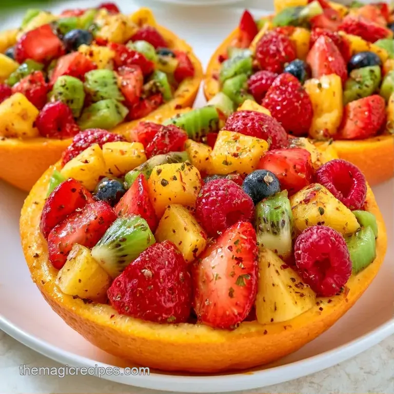 Small clear cups filled with layered orange and green fruits arranged neatly on a dark, polished serving tray.