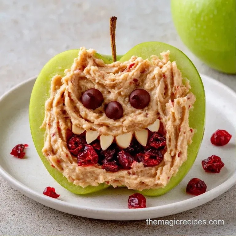 Neatly arranged apple slices topped with nut butter and seeds on a slate board with fresh mint sprigs for garnish.