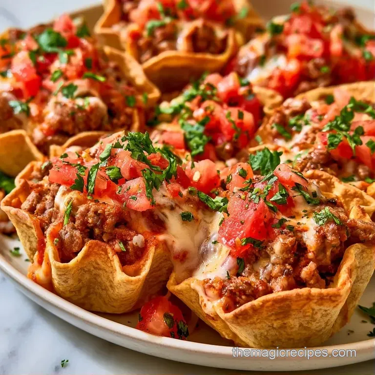 Crispy corn shells filled with seasoned beef and melted cheese, arranged on a dark platter with festive garnishes.