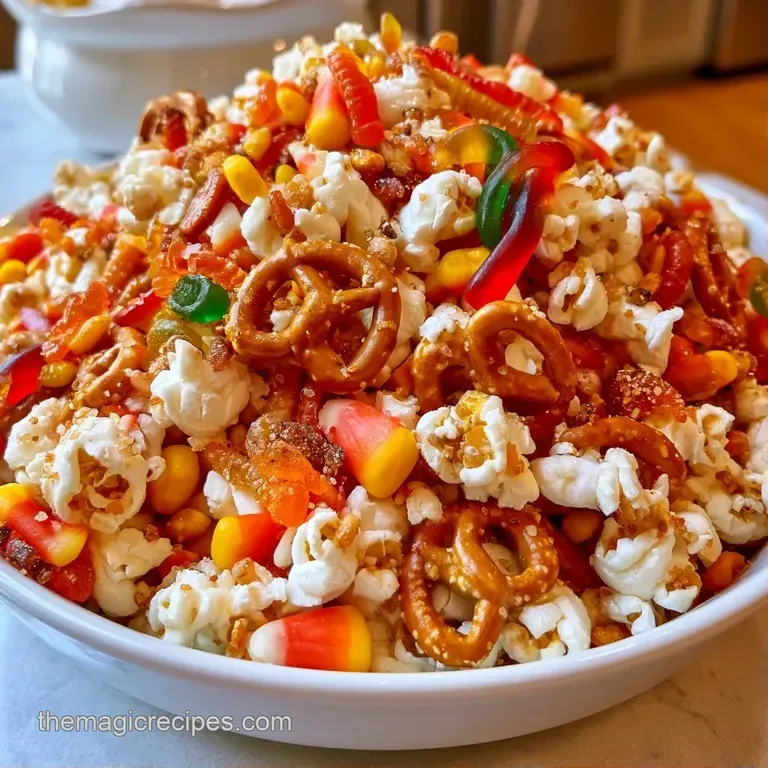 Festive assortment of orange sweets and salty pretzels spilling from a rustic wooden bowl on a dark tabletop.