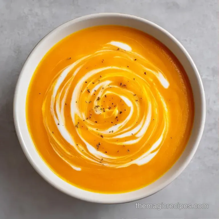 A sleek white bowl of velvety orange soup finished with a cream swirl and microgreens on a grey linen cloth.