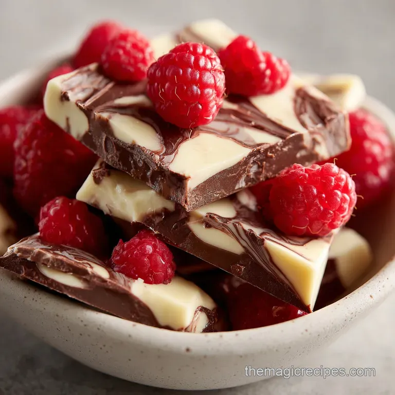 Deep cocoa-colored frozen squares arranged on a white marble slab, garnished with vibrant red raspberries.
