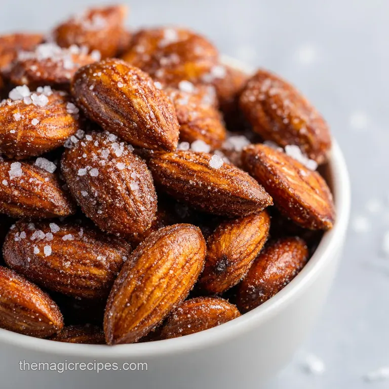 A neat pile of glistening, amber-hued roasted almonds arranged on a dark slate board with a soft linen napkin.
