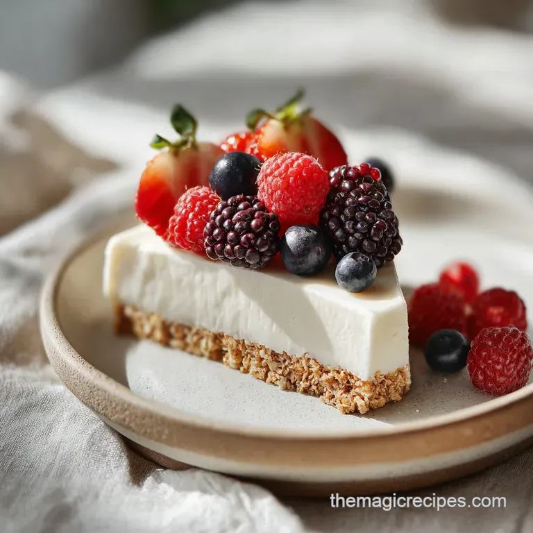 A slice of velvety white cake on a white plate, drizzled with bright red berry sauce and a sprig of fresh mint.